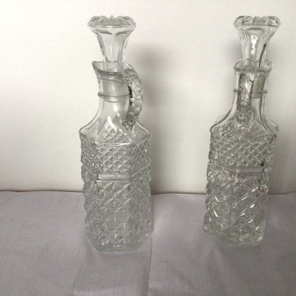 2 vintage bottle decanter clear glass lidded handled hexagonal diamond flower - Picture 2 of 7